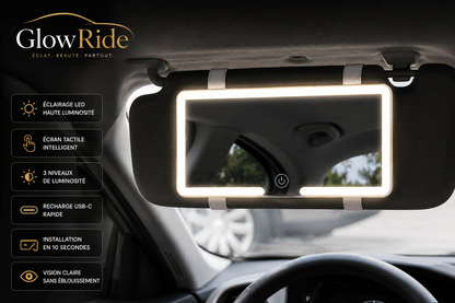 🚘  GlowRide – Miroir LED Tactile Haute Qualité pour Pare-Soleil | Lumière LED Puissante ✨Tactile Haute Qualité pour Pare-Soleil | Lumière LED Puissante ✨