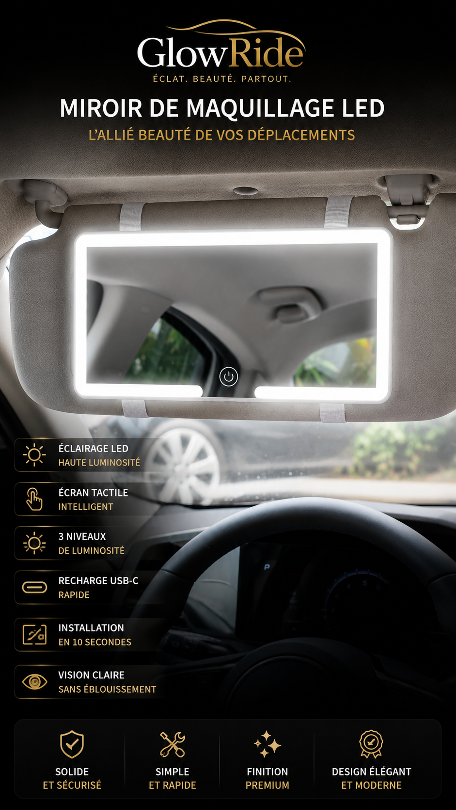 🚘  GlowRide – Miroir LED Tactile Haute Qualité pour Pare-Soleil | Lumière LED Puissante ✨Tactile Haute Qualité pour Pare-Soleil | Lumière LED Puissante ✨