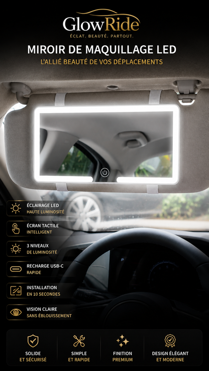 🚘  GlowRide – Miroir LED Tactile Haute Qualité pour Pare-Soleil | Lumière LED Puissante ✨Tactile Haute Qualité pour Pare-Soleil | Lumière LED Puissante ✨