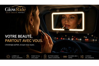 🚘  GlowRide – Miroir LED Tactile Haute Qualité pour Pare-Soleil | Lumière LED Puissante ✨Tactile Haute Qualité pour Pare-Soleil | Lumière LED Puissante ✨