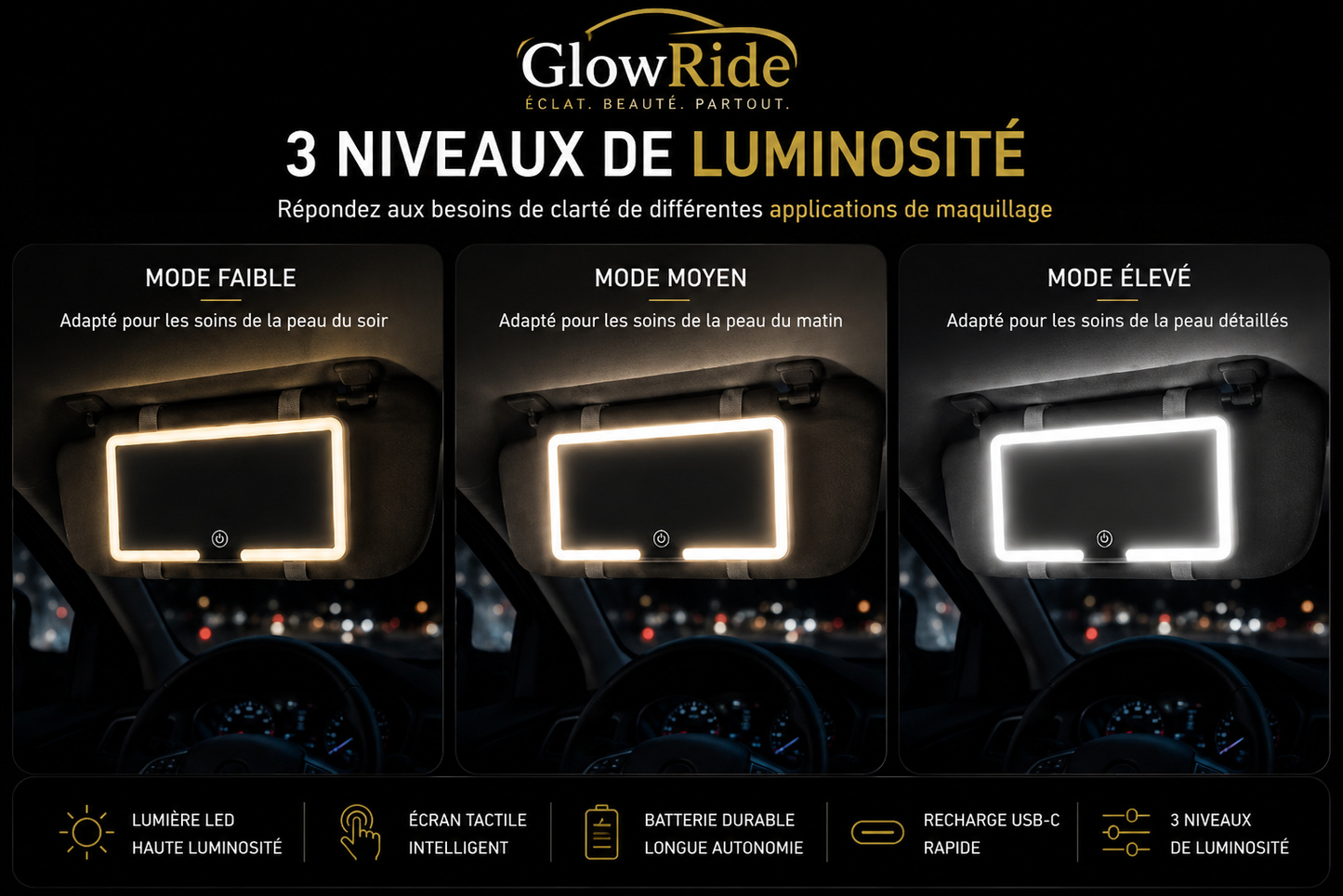 🚘  GlowRide – Miroir LED Tactile Haute Qualité pour Pare-Soleil | Lumière LED Puissante ✨Tactile Haute Qualité pour Pare-Soleil | Lumière LED Puissante ✨